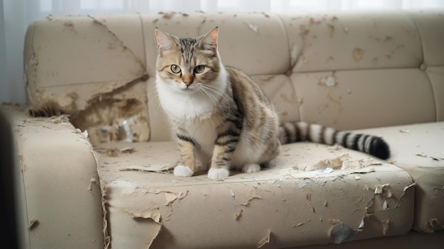 The cat chewed and scratched the sofa