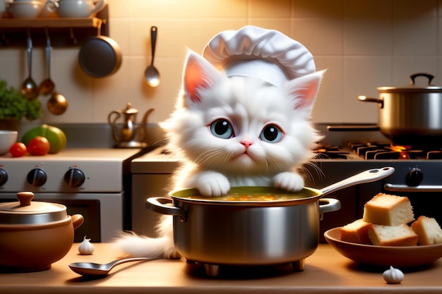 Photo cat cook cooks soup in the kitchen