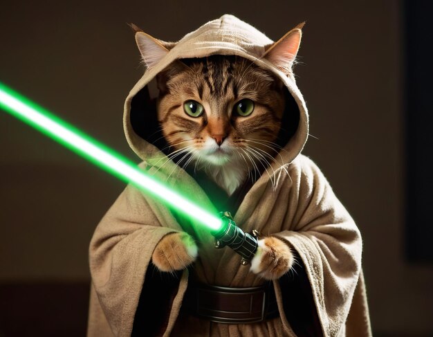 Cat in a costume with a glowing sword funny pet for the backdrop