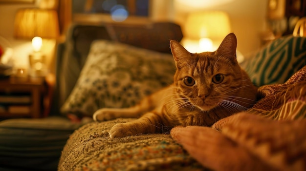 Cat on the couch in the living room cozy decor with warm ambient lighting peaceful and inviting atmosphere detailed and sharp hd quality ar 169 Job ID 6ba8359c0c2244729cd0adb8e2d6e8da