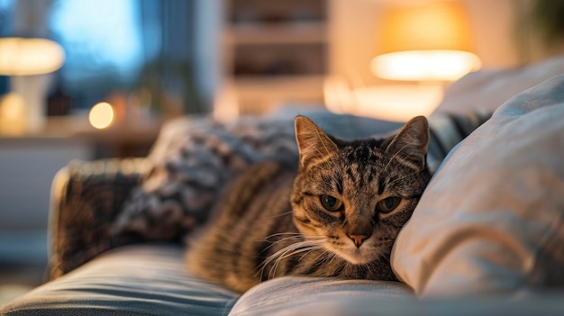 Cat on the couch in the living room cozy decor with warm ambient lighting peaceful and inviting atmosphere detailed and sharp hd quality ar 169 Job ID dea821ff3ee5466480a51c97066a8050