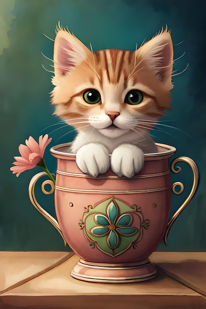 A cat in a cup with flowers