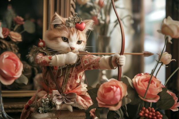 Cat Cupid In Romantic Renaissance Motif Shooting Arrows On Valentines Day