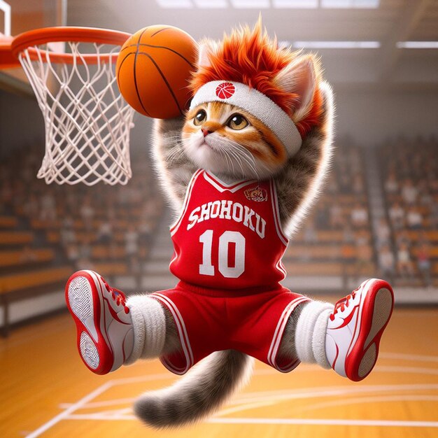 Photo cat cute play basketball as hanamichi sakuragi from anime slamdunk ai image animal anthropomorphic