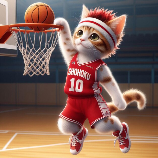 Photo cat cute play basketball as hanamichi sakuragi from anime slamdunk ai image animal anthropomorphic