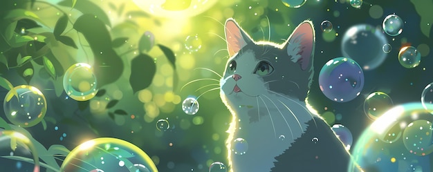 Cat Delightfully Playing with Bubbles in a Whimsical Scene