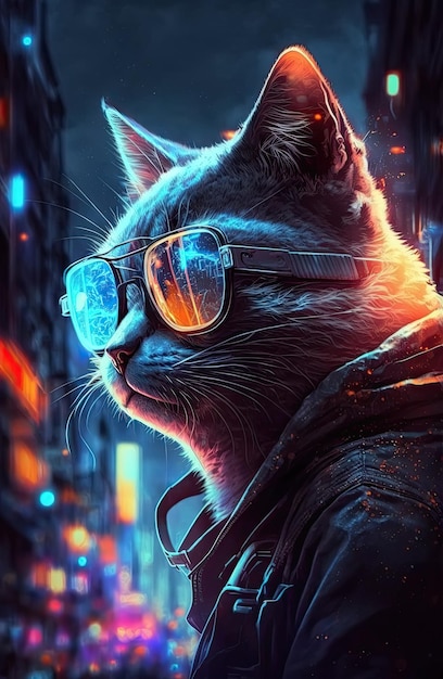 Cat detective is secret agent with glasses in cyberpunk city at night Generative AI illustration