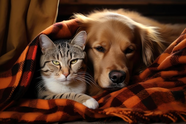 A cat and a dog are laying under a blanket.