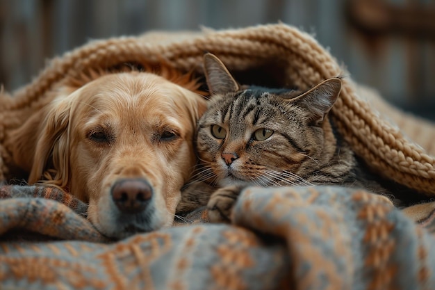 a cat and a dog are laying in a blanket