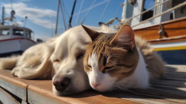 A cat and a dog are laying on a boat.