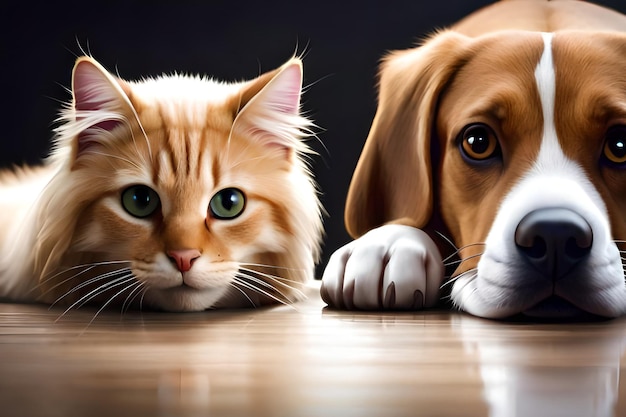 A cat and a dog are looking at each other.