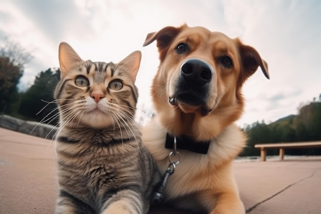 A cat and a dog are lying together on a sidewalk