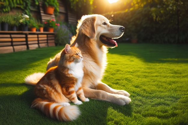 A cat and a dog are sitting peacefully on the grass in front of the house in the evening during sunset