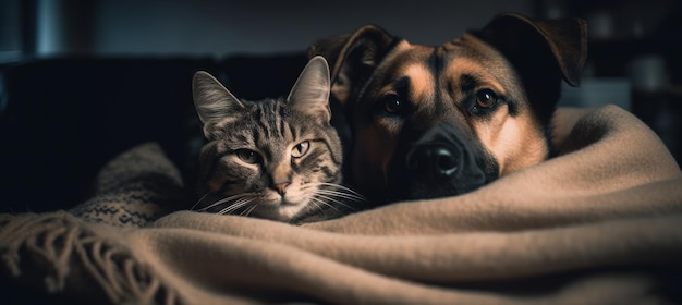 A cat and a dog are together on a blanket.