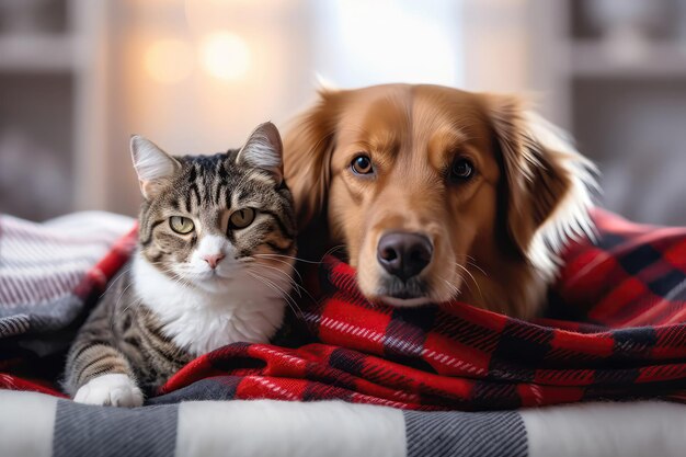 Cat And Dog Duo Wrapped In Matching Plaid Blankets Cold At Home Generative AI