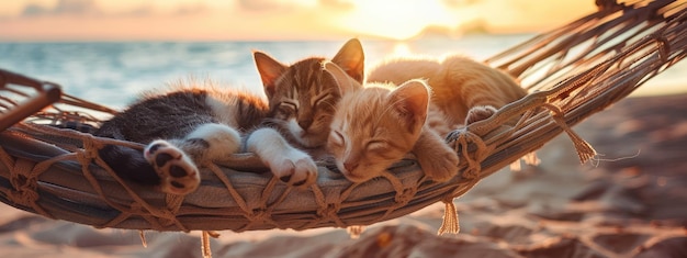 cat and dog on a hammock on the background of the sea Selective focus