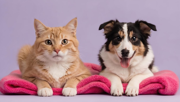 A cat and dog happily posing together against a pink background