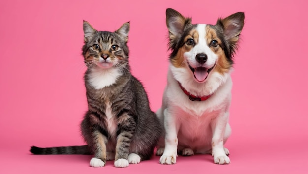 A cat and dog happily posing together against a pink background