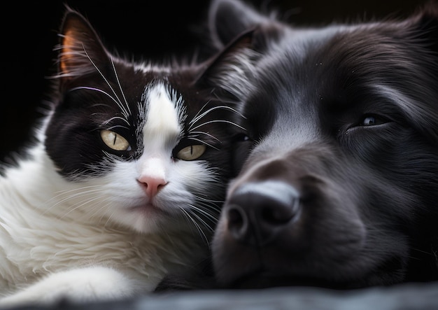 Photo a cat and a dog laying next to each other.