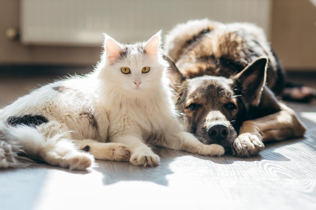 Cat and dog lie together on the floor