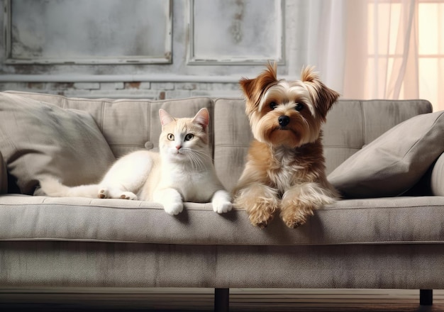 Cat and dog lying on the couch