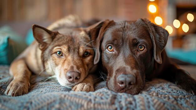 A cat and dog lying together on the bed capturing a moment of companionship