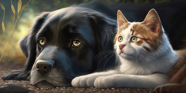 Cat and dog lying together on the ground with AI generated