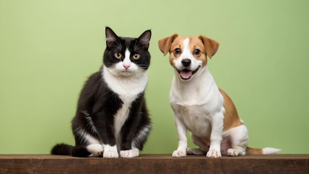 A cat and dog posing together on a wooden surface with a yellow backdrop