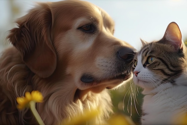 Cat and dog in a romantic scene with slow motion and dreamy music created with generative ai