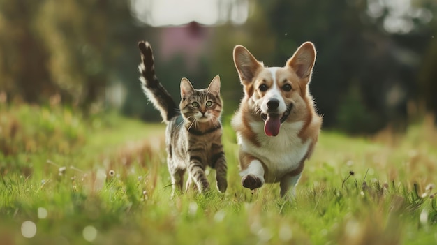 A Cat and Dog Running Through a Green Field