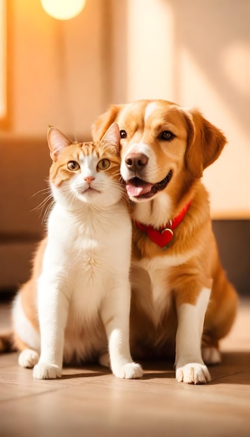 a cat and a dog sit together and look at each other