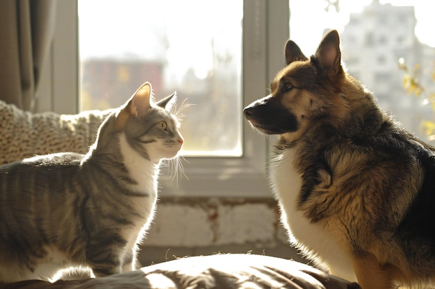 Cat and dog sitting on the windowsill in the morning sunlight