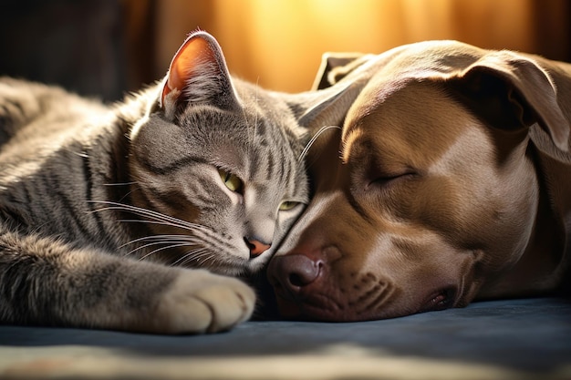 Cat and Dog Sleeping Together on Bed