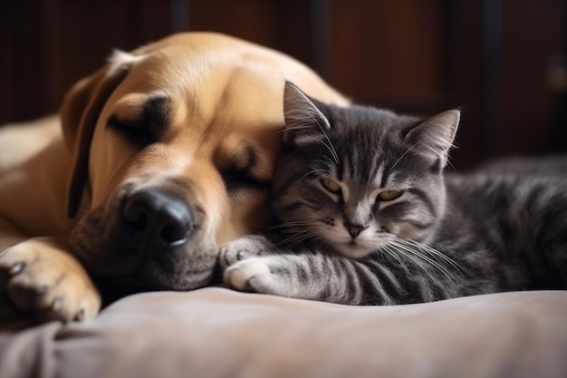 Cat and dog sleeping together Kitten and puppy taking nap Home pets Animal care Love and friendship