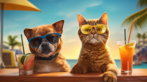 Cat and the dog in sunglasses sunbathing they drink cocktails on the beach Generative AI technology