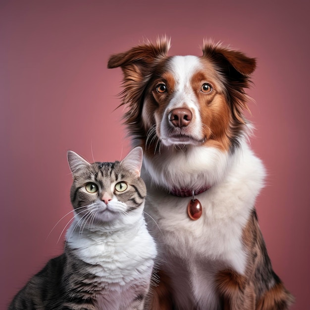 Cat and dog together Border collie and red merle border collie on pink background