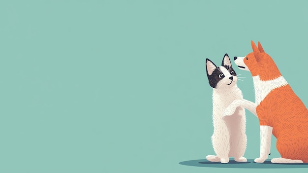 Cat and dog together friendly interaction flat design illustration