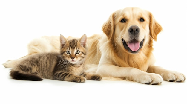 Cat and dog together isolated on white Retriever and kitten