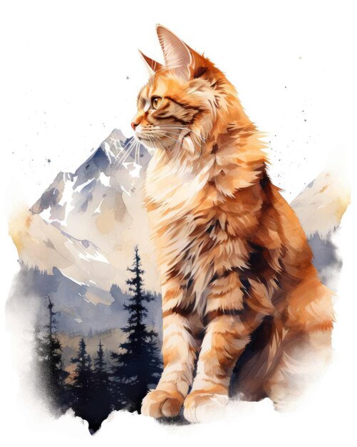 Photo cat double exposure of a cat and nature mountains trees in watercolor art