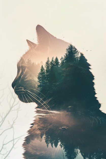 Photo cat in double exposure of forest rivers silhouette gradiant soft color background