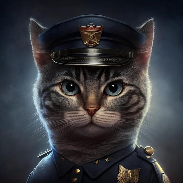 A cat dressed as a police officer against a dark background