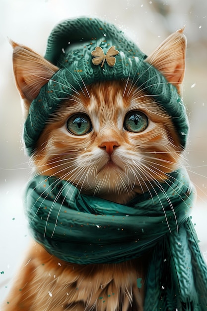 A cat dressed in a green hat and scarf for St Patricks Day showcasing holiday spirit with a festive