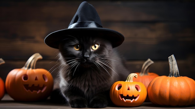 cat dressed in halloween with pumpkin