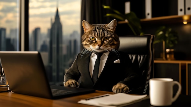 Photo cat dressed like a businessman sitting confidently in a modern office