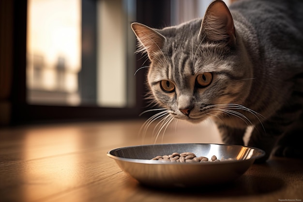 Cat eagerly eating dry kibble from a bowl in the kitchen in the morning Generative AI