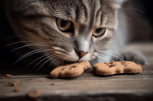 A cat eating a cookie from a table