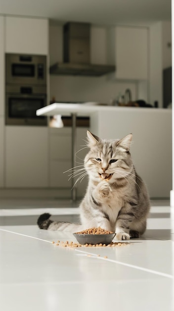 Photo cat eating dry food on white