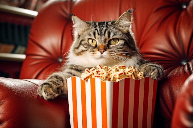 Cat eating popcorn and watching an exciting premiere of a new movie in cinema