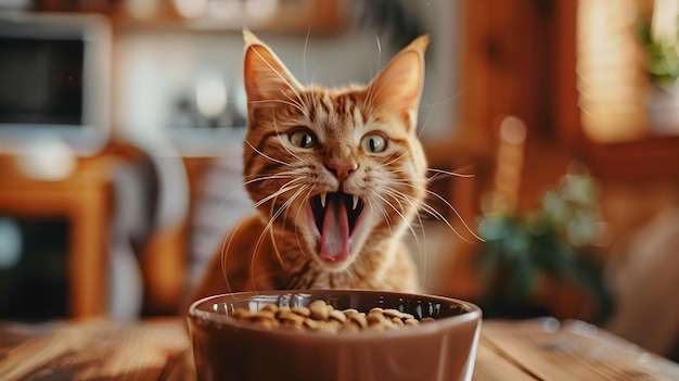 Cat Enjoying Its Meal with Delight in Homey Kitchen Setting