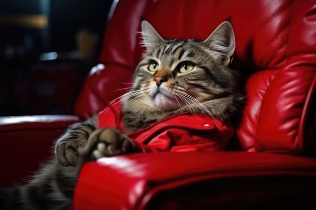 Cat Enjoying Movie Sitting In Red Armchair